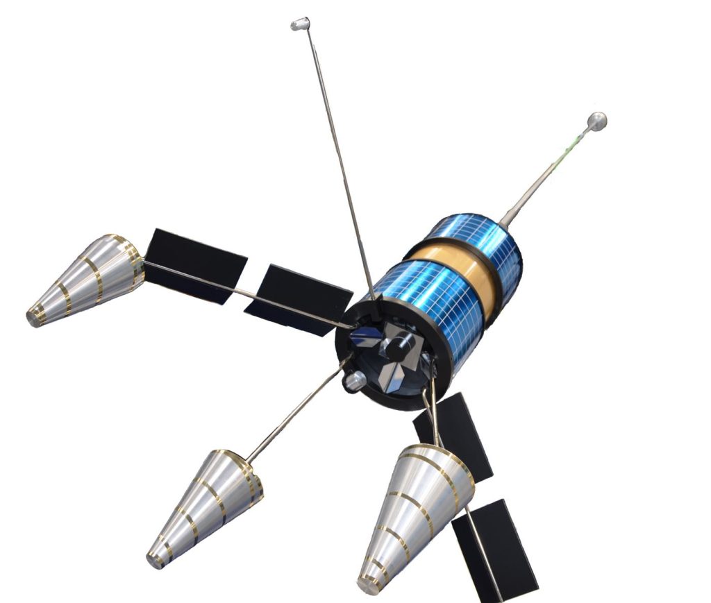 satellite in orbit above Earth with solar panels extended