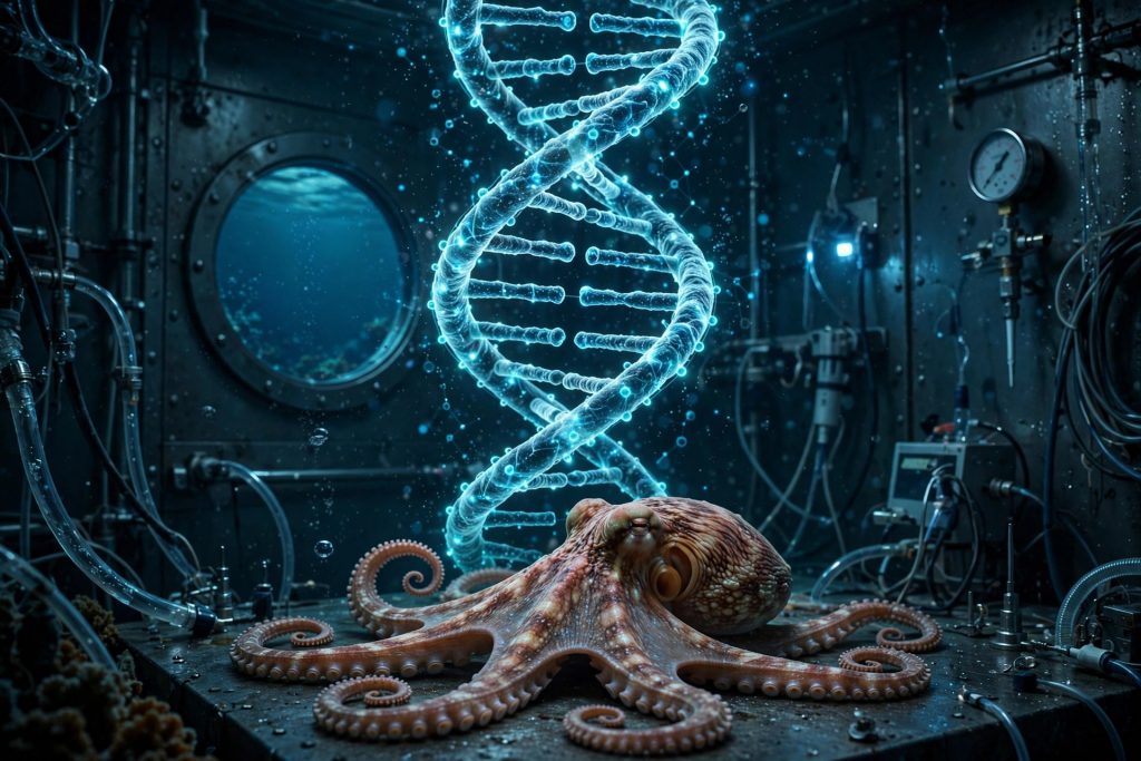 An octopus beside a glowing three-dimensional DNA structure representing new research into cephalopod brain evolution.