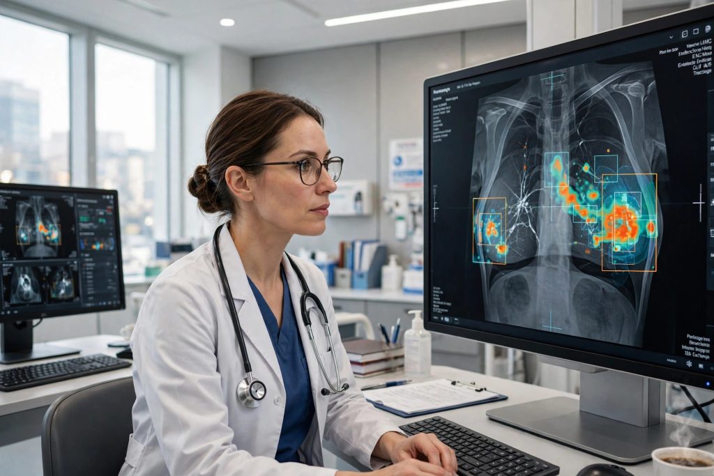 A radiologist reviewing a mammogram on a modern imaging screen assisted by artificial intelligence technology.